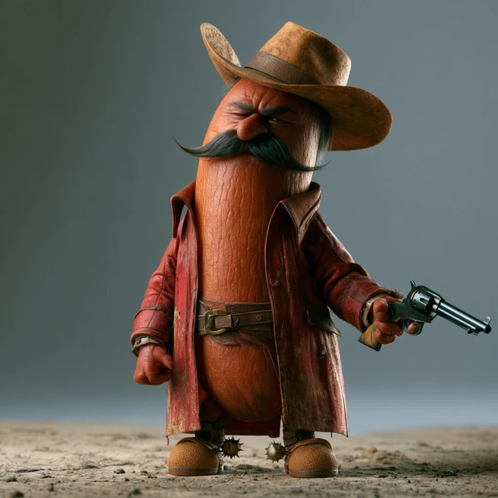 Outlaw Garry: a sausage outlaw with a big mustache, cowboy hat, red duster coat and spurs, holding a revolver