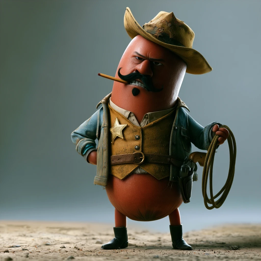 Deputy Dusty: a sausage deputy with a dusty hat, star badge, denim jacket and a matchstick in his teeth, holding a lasso