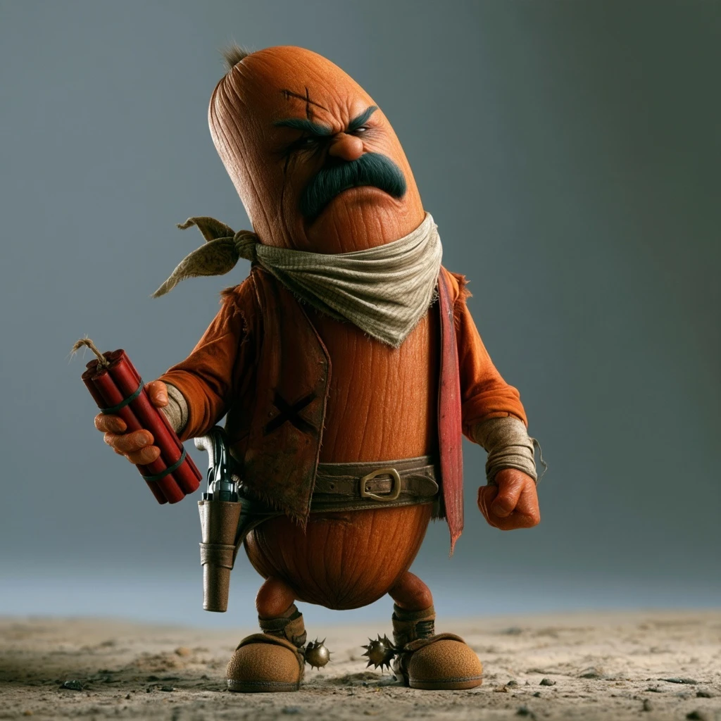 Dynamite Duke: a scarred sausage outlaw with a bandana, a holster, spurs and a bundle of dynamite